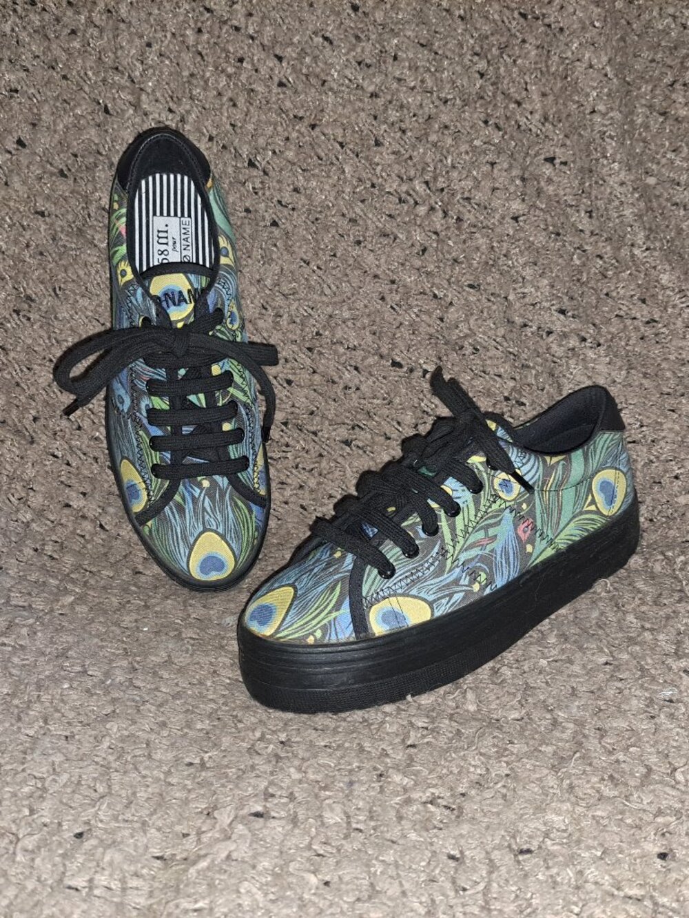 58 m. X NO NAME-Rare Co-Lab-Peacock Pattern Canvas Flatform Sneakers-Sz 38-NM